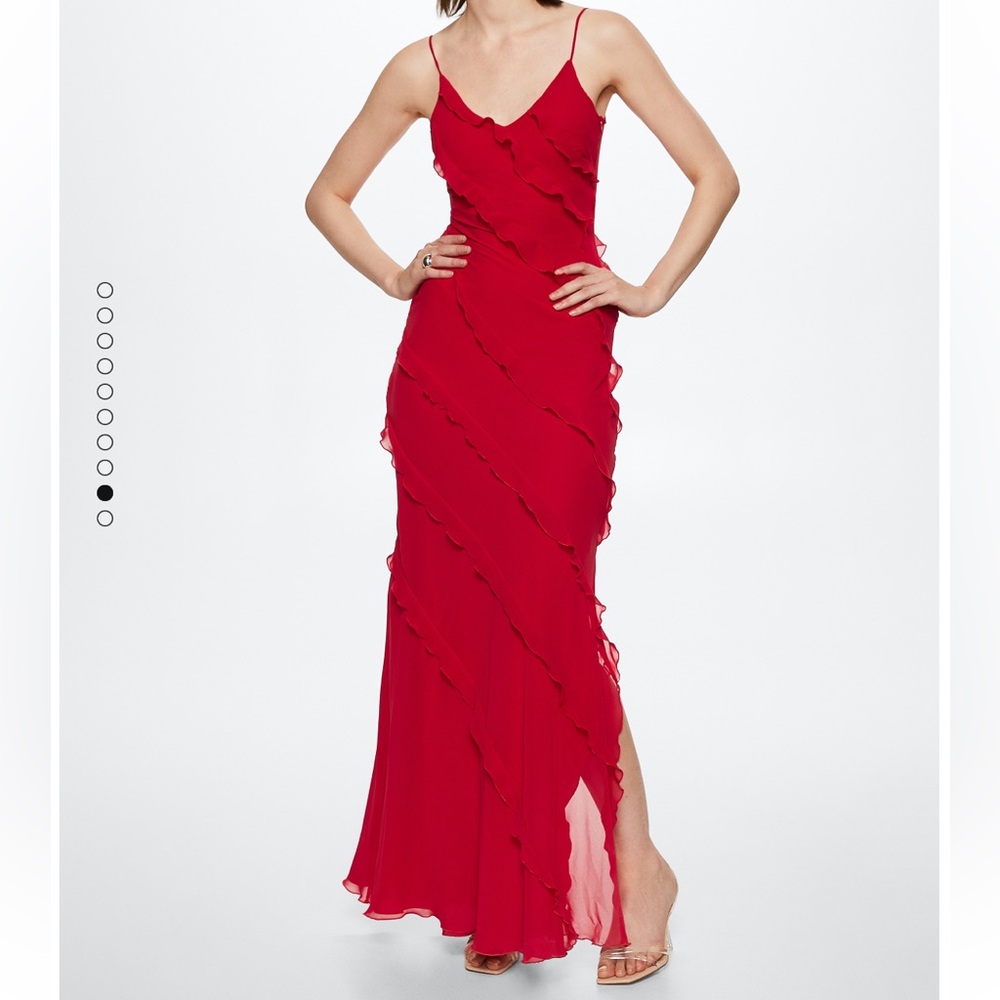 Mango Ruffle Tiered Chiffon Maxi Dress in Red